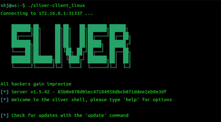 Sliverクライアントからオペレーターとして接続した画面